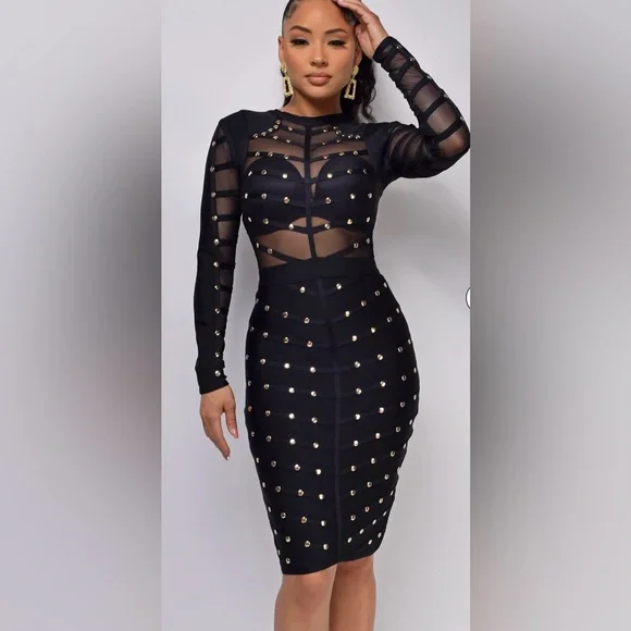 Dresses | Black Sexy Bandage Studded Mesh Dress | Poshmark